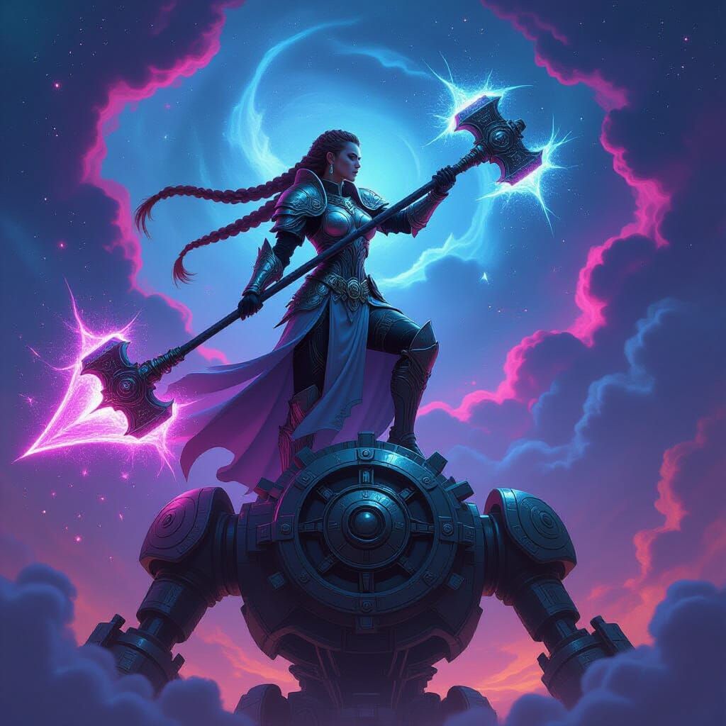 Celestial Valkyrie on Clockwork Golem in Nebula