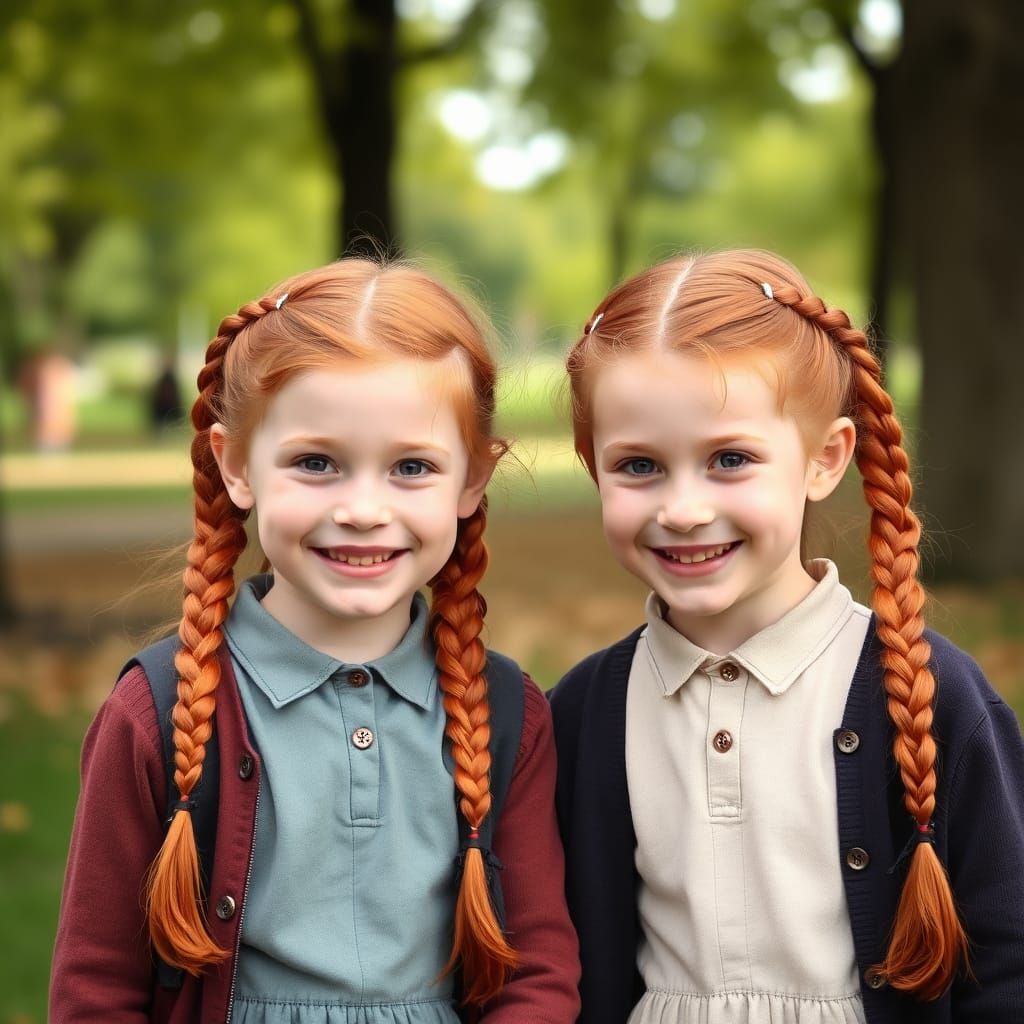 Happy Red-Haired Twins Playing in the Park