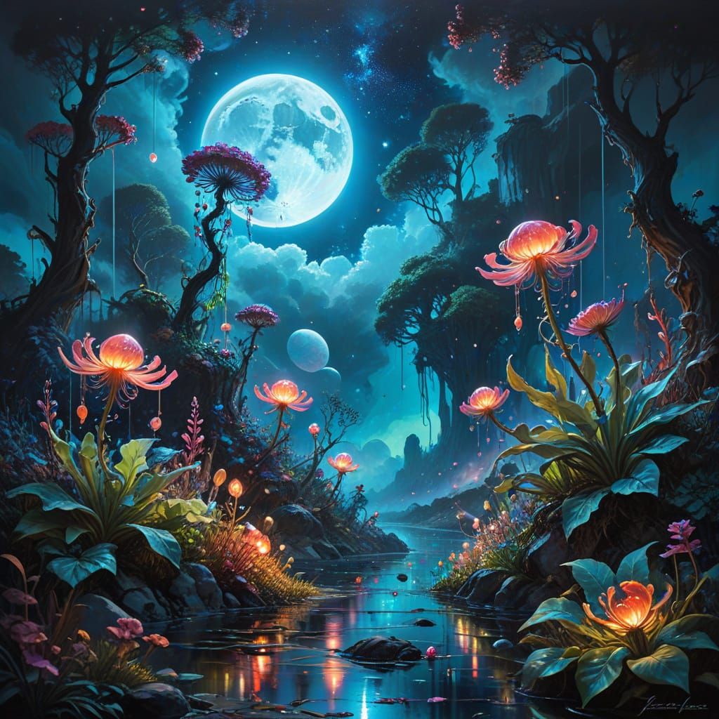 Ethereal Landscape with Giant Bioluminescent Flora and Multi...