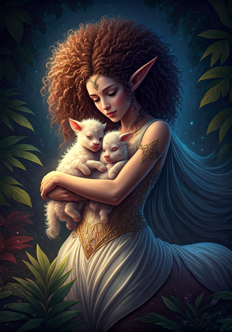 Elegant Centaur Mother and Children in Moonlit Forest