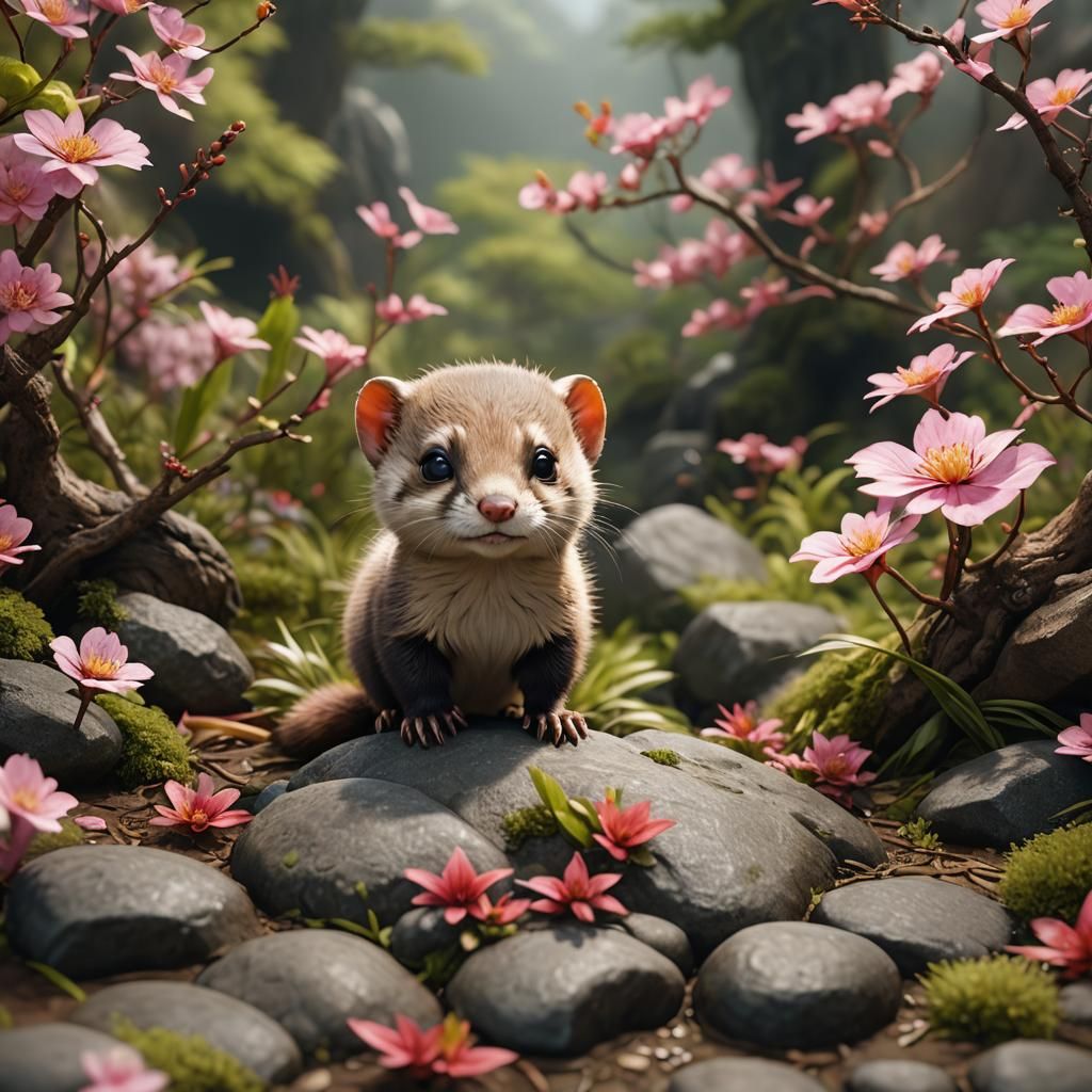 Adorable Baby Japanese Weasel: Detailed Matte Painting