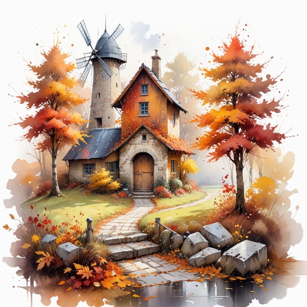 Miniature Windmill Barn Amidst Giant Autumn Trees