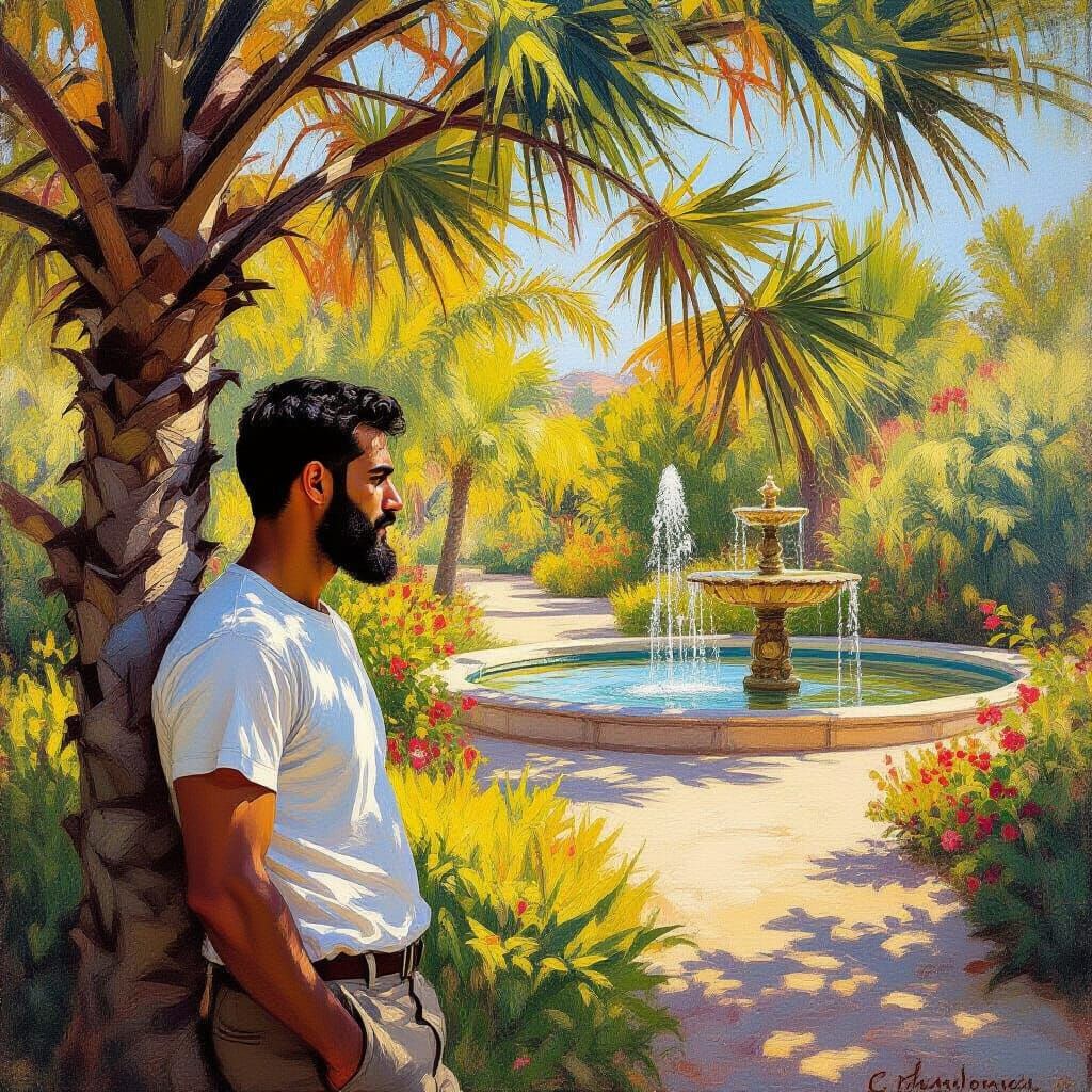 Impressionistic Arab Gardener in a Tropical Garden