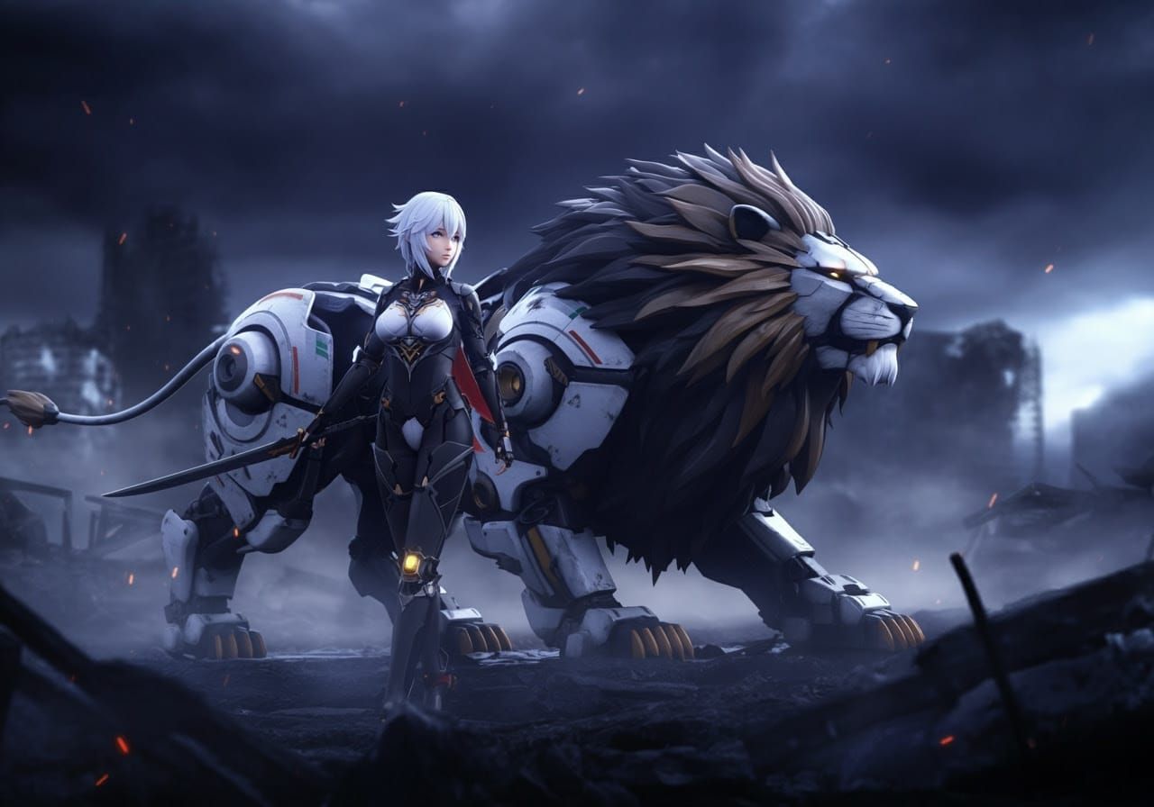 Cyborg Warrior and Mecha Lion in Anime Style