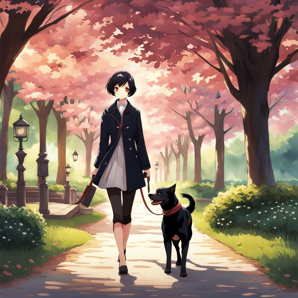 Woman and Dog in Park: Anime Style