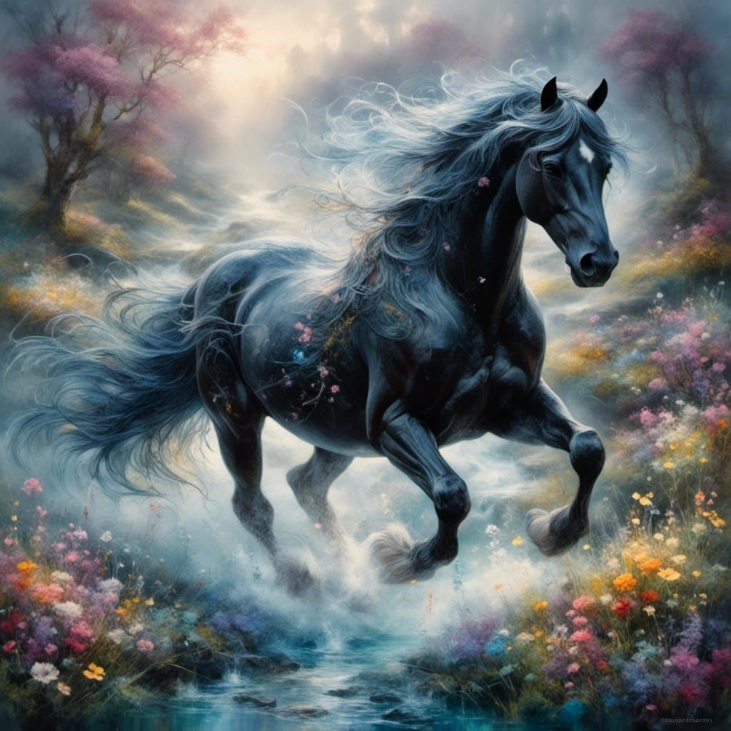Magnificent Black Horse in Ethereal Fantasy Landscape