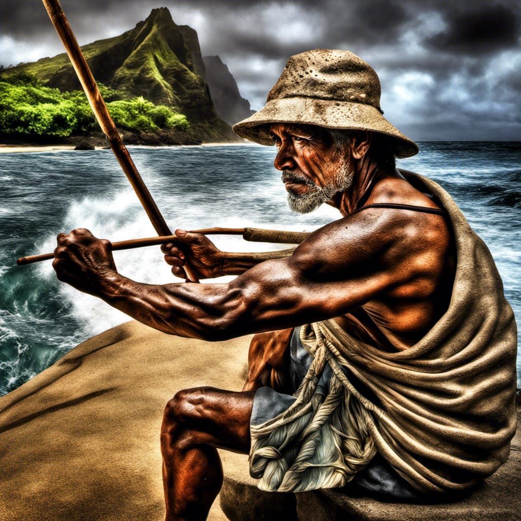 Hawaiian Fisherman with Spear, Hyperrealistic Art