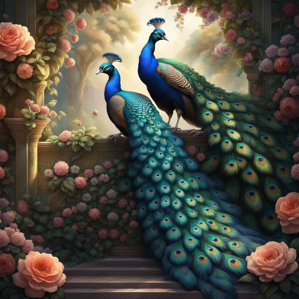 Peacocks in Floral Border: Detailed Matte Painting