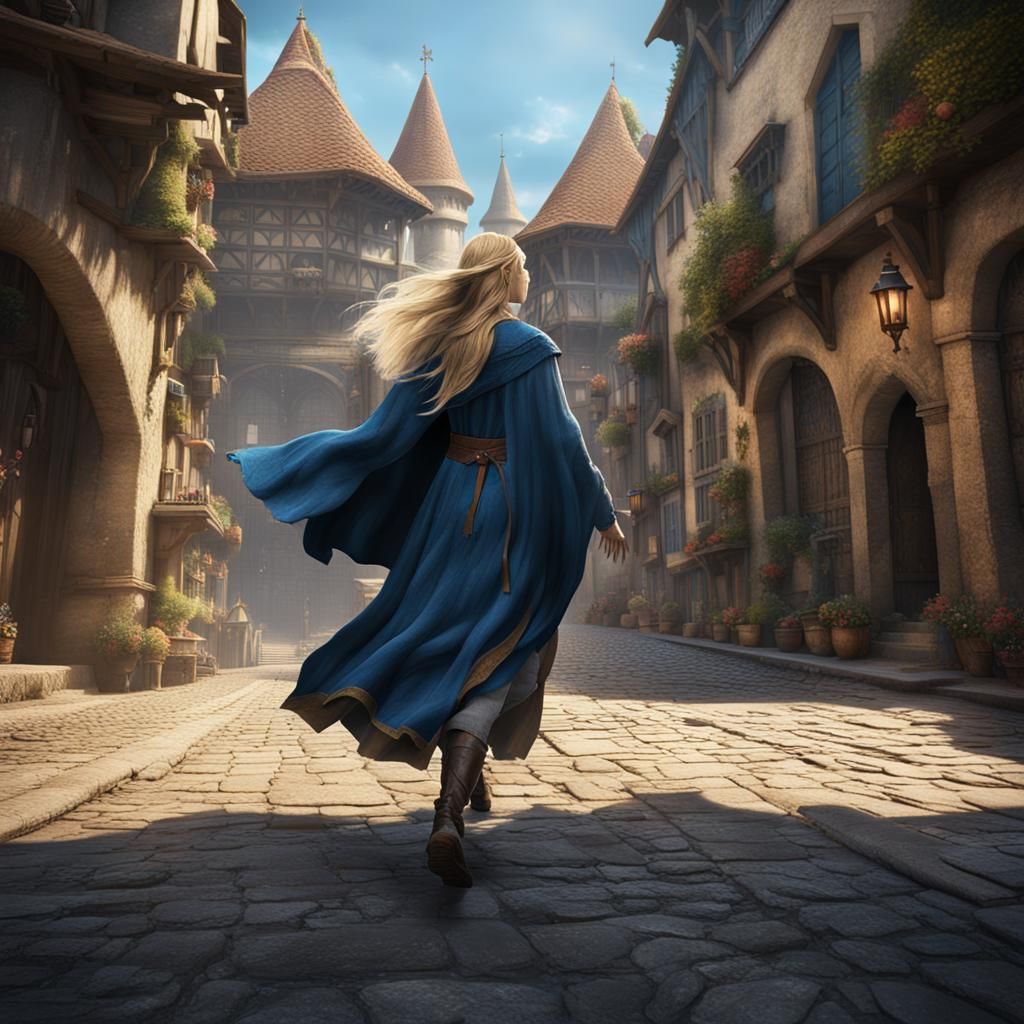 Girl Runs Through Medieval City: Fantasy Concept Art