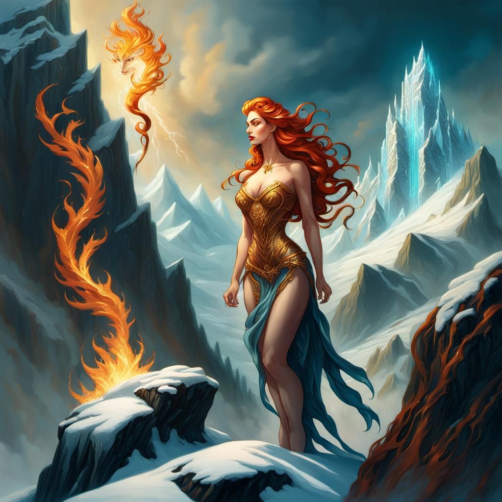 Fire and Ice Goddess on Snowy Peak