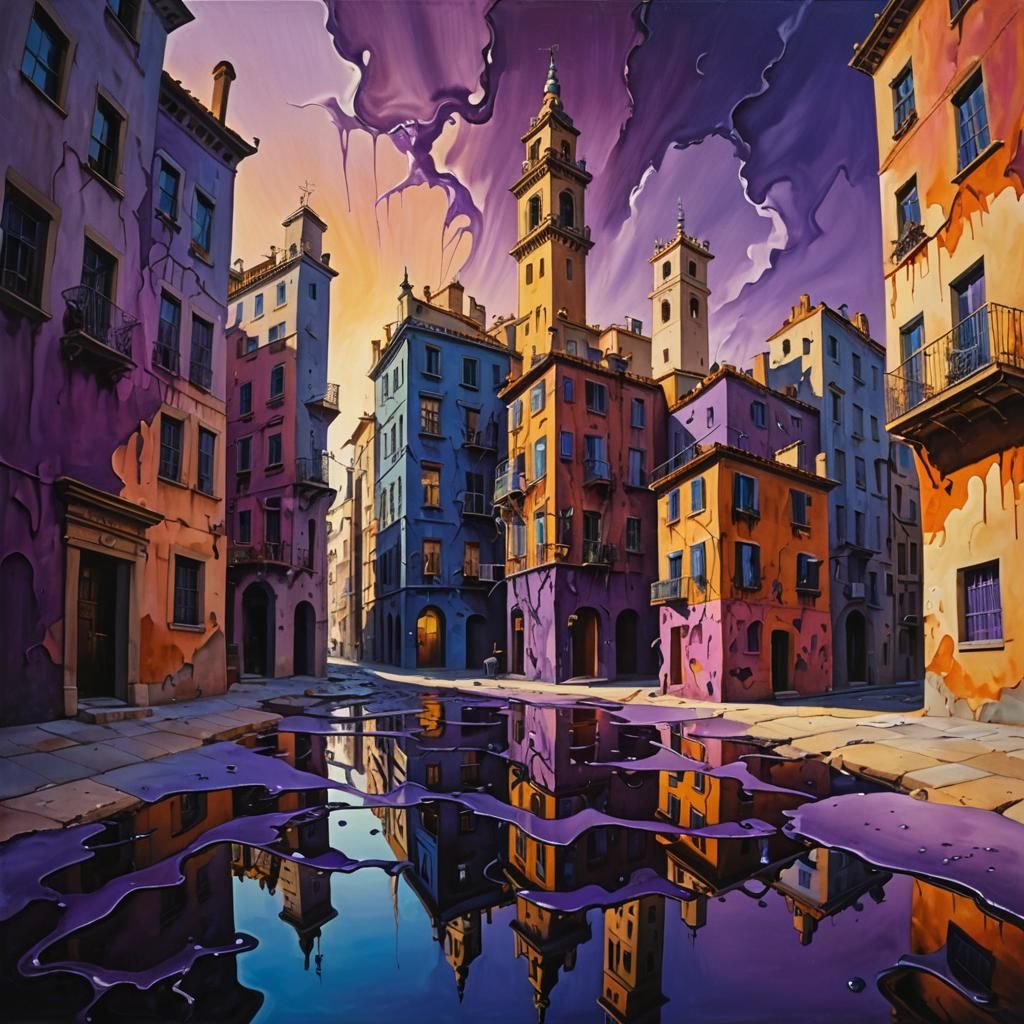 Dreamlike Cityscape in Surrealist Oil Painting
