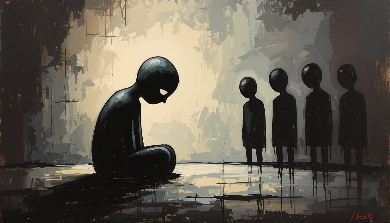 Sad Cartoon Figure in Oily Paint Style