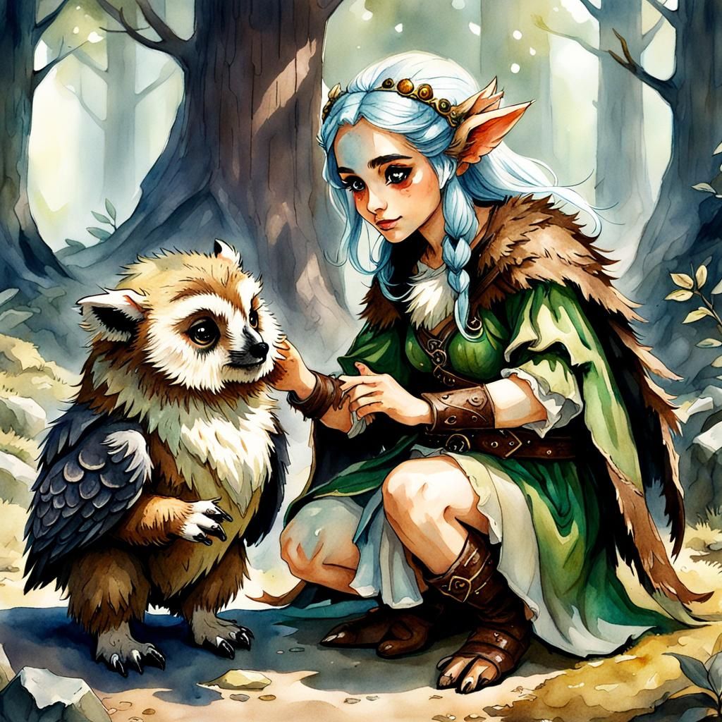 Elf and Owlbear Cub Fantasy Watercolor