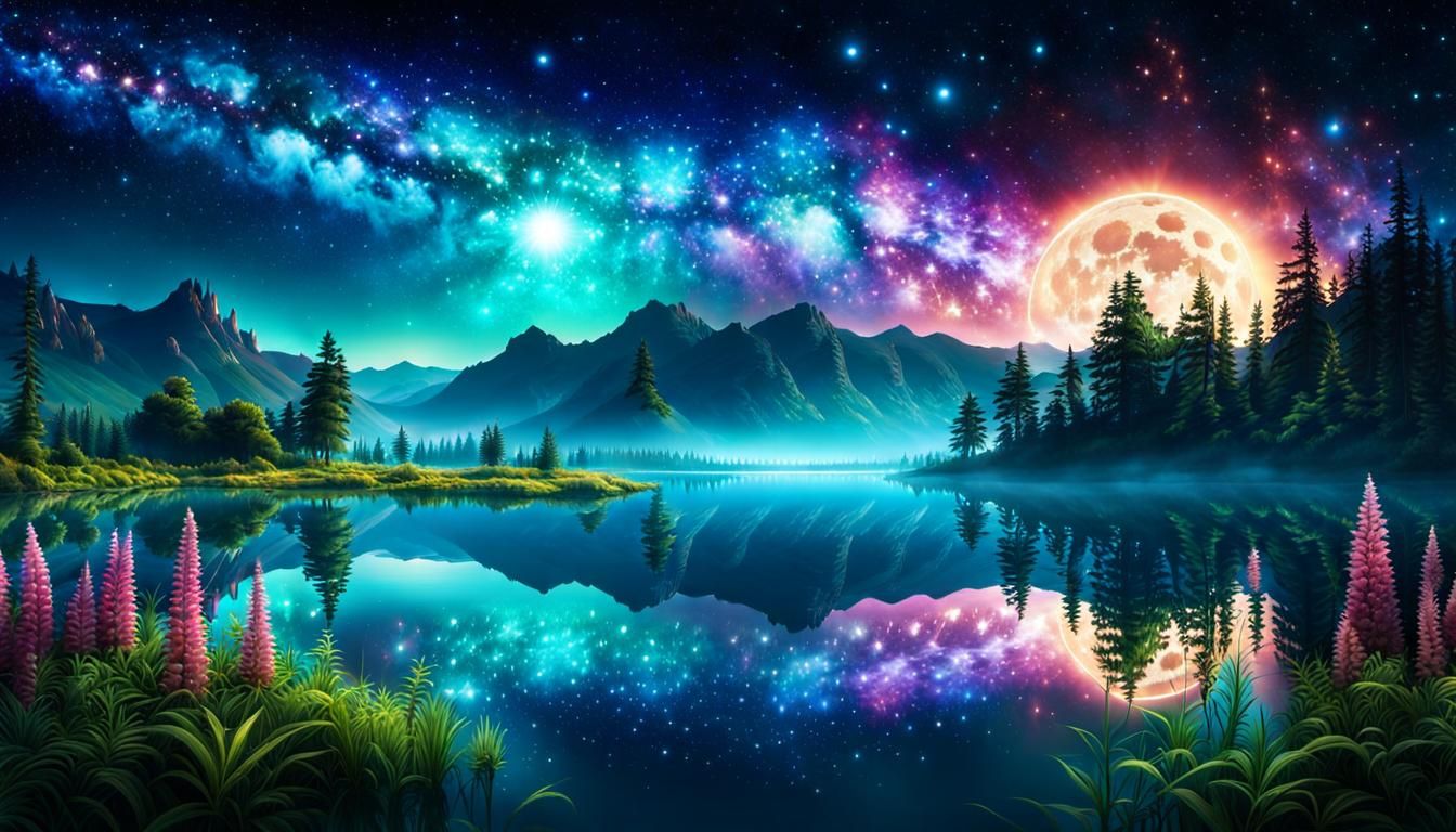 Translucent Night Landscape with Galaxy and Alien Plants