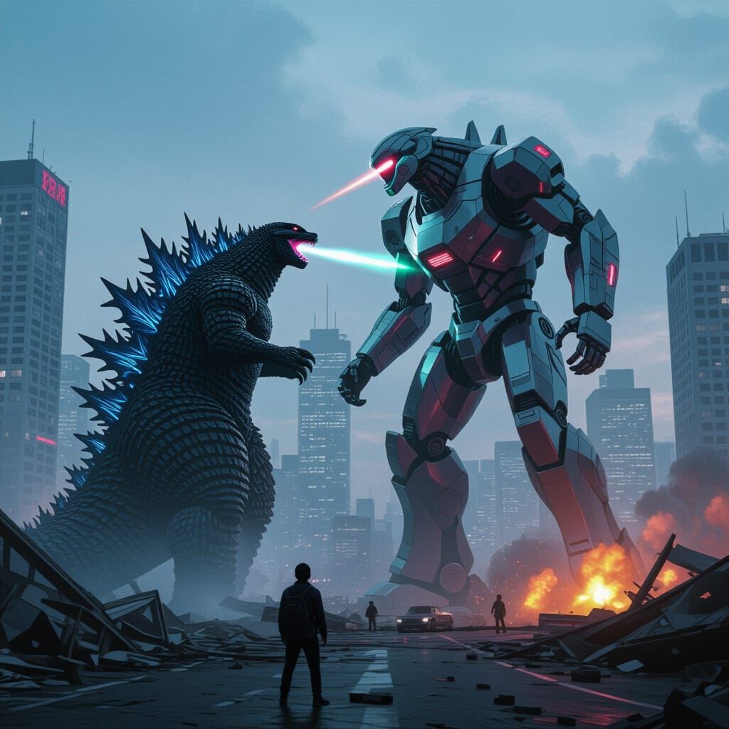 Godzilla vs Robot in Devastated City: Cyberpunk Style