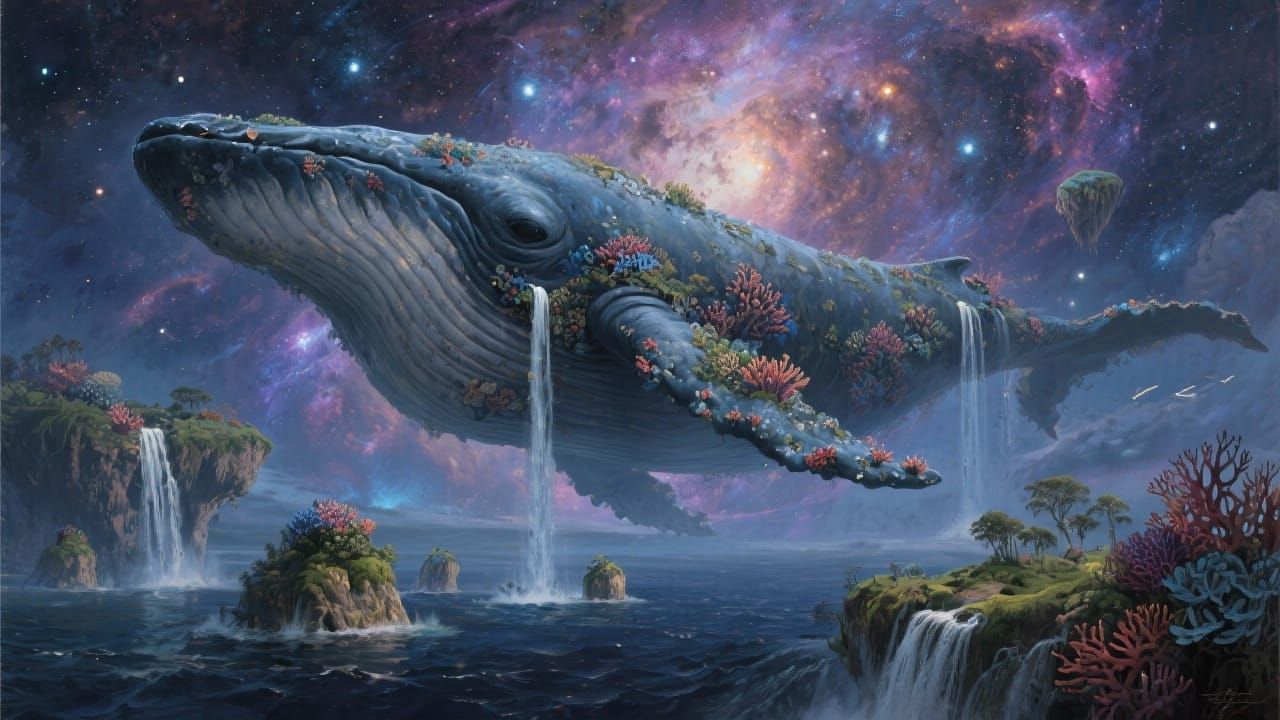 Ancient Whale in Nebula Sky with Floating Islands