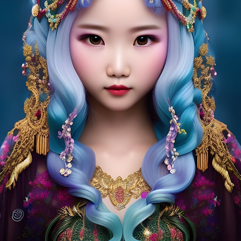 Elegant Hmong Girl with Blue Hair, Art Nouveau Style