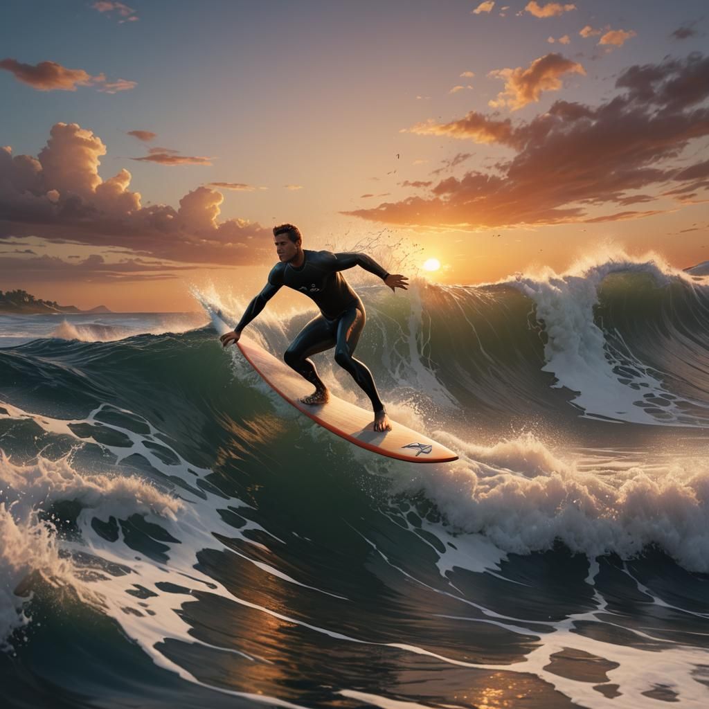 Surfer Rides Sunset Wave: Detailed Digital Art