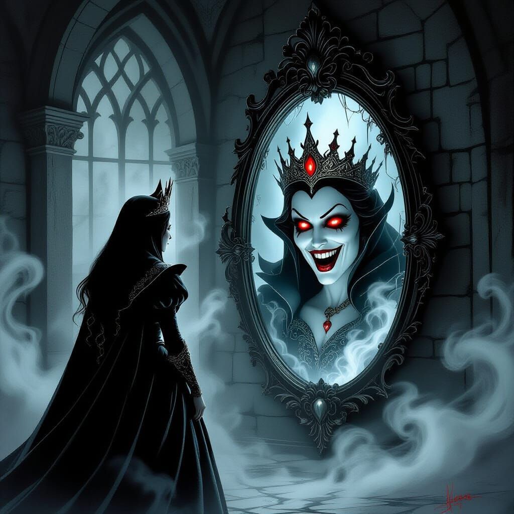 Evil Queen and Magic Mirror in Dark Fantasy Style