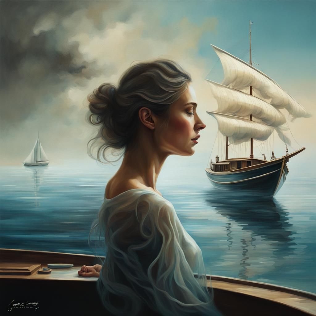 double exposure that merges two images: A woman in profile, ...