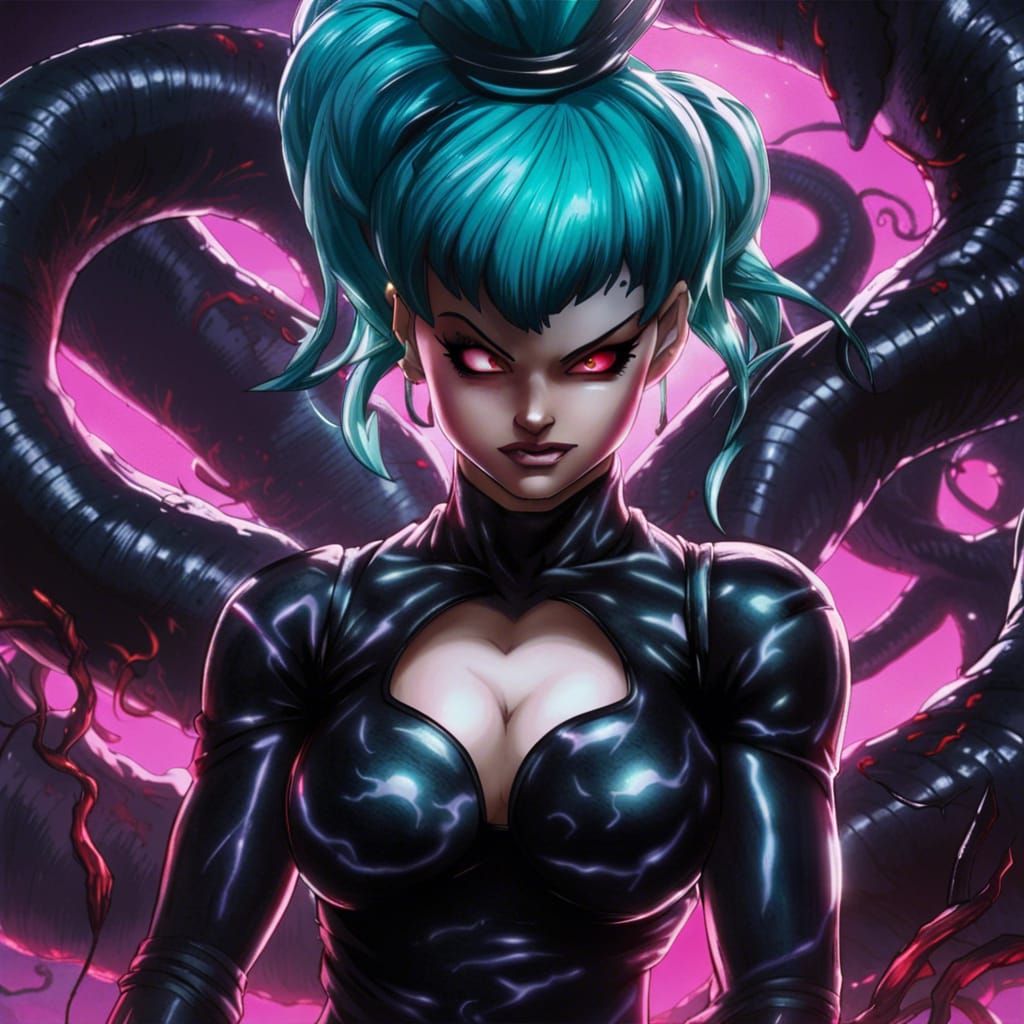 Bulma Transformed by Venom Symbiote in Dark Fantasy Style