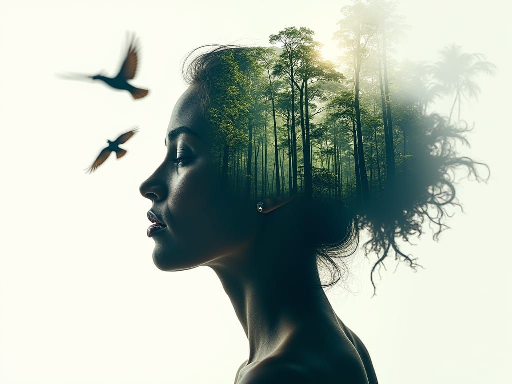 Mother Nature Double Exposure: Woman's Face Filled With Jung...