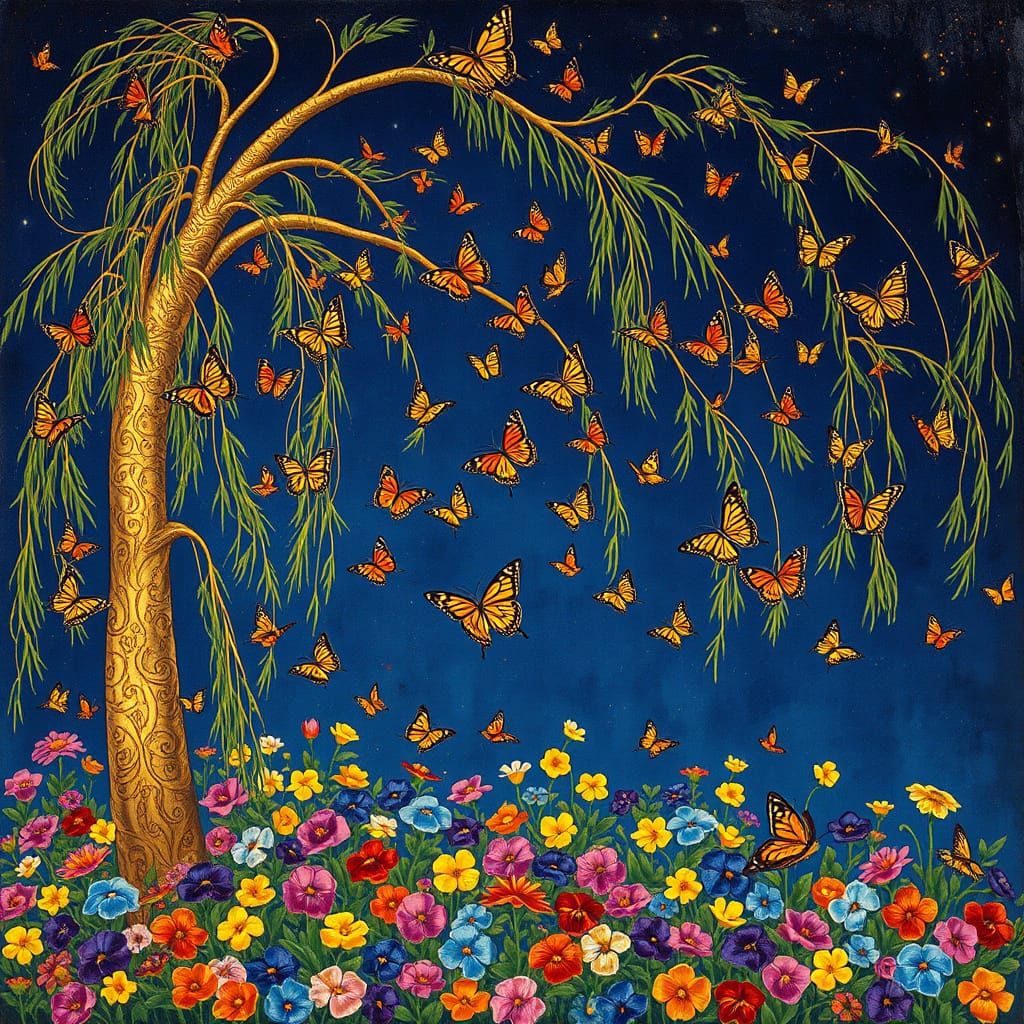 Klimt-Style Willow Tree with Butterflies