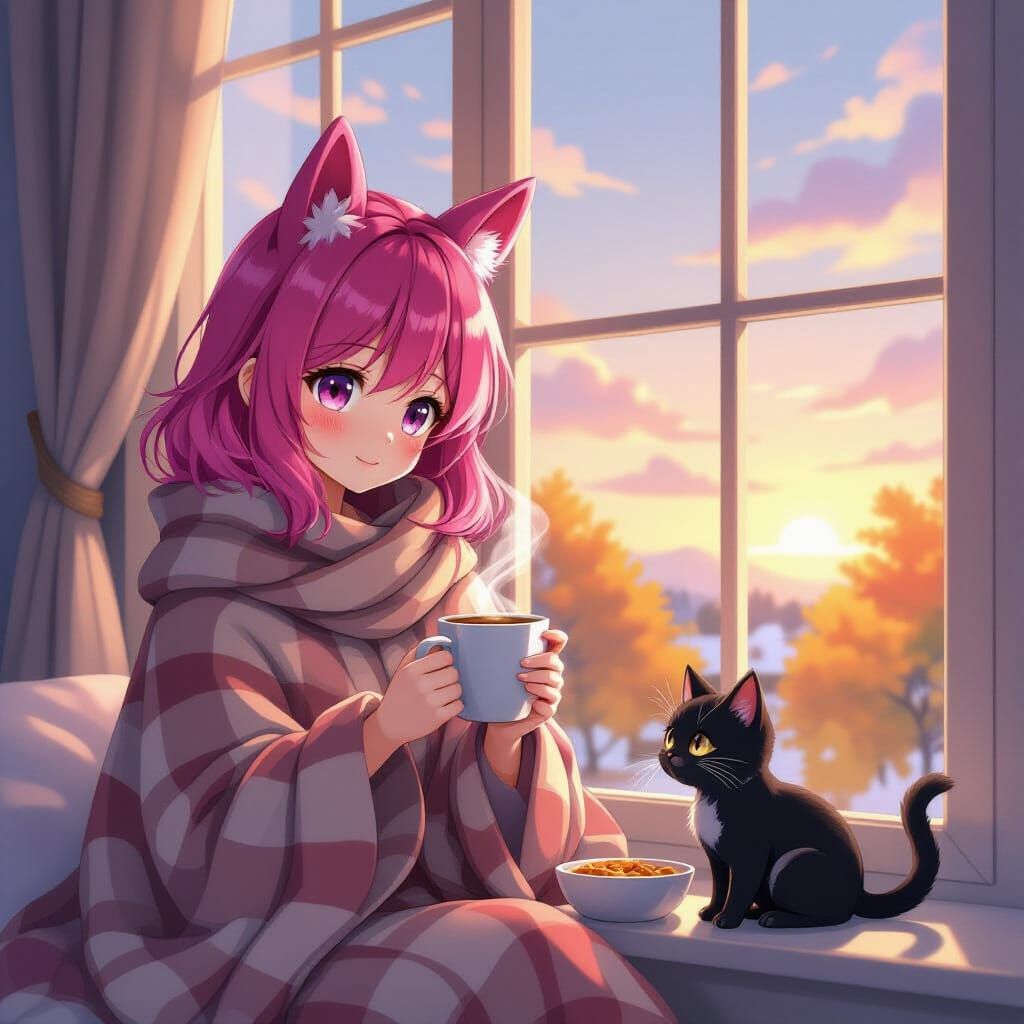 Pink Haired Woman with Horse Ears and Kitten in Dawn Light