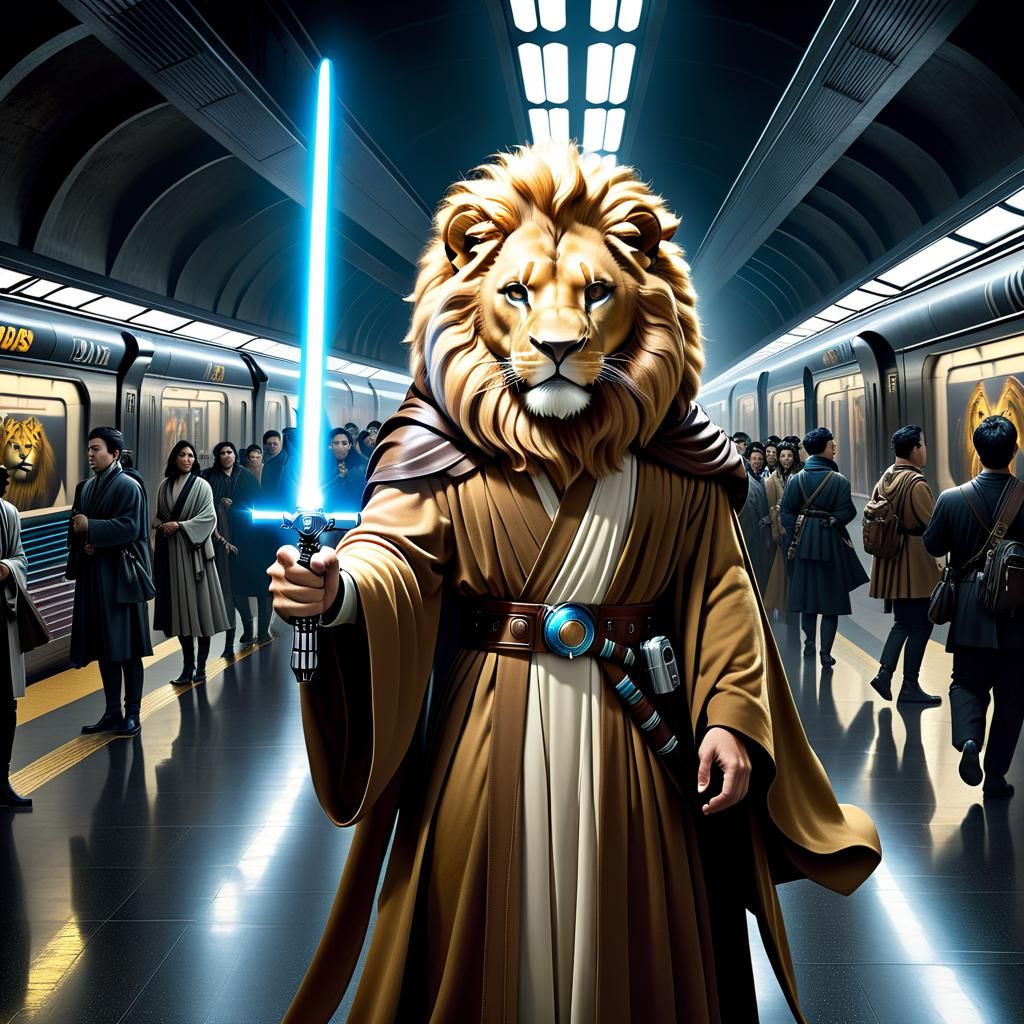 Surreal Lion Jedi Knight in Subway Station