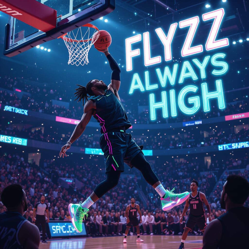 Dunking Basketball Player with Neon Shoes in Stadium