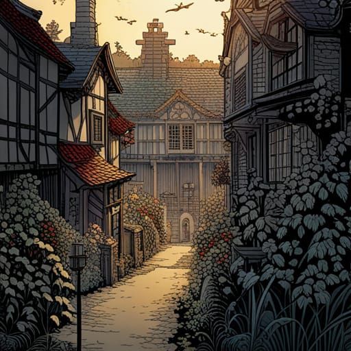 Sunlit Garden in Dark Backyard: Fairytale Comic Art