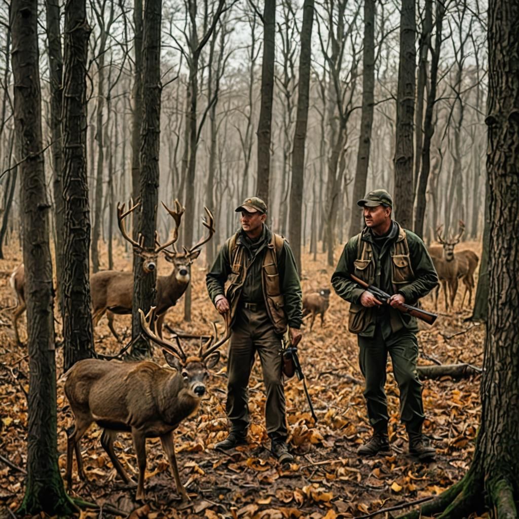 Deer Hunt: Two Hunters in Woodland Scene