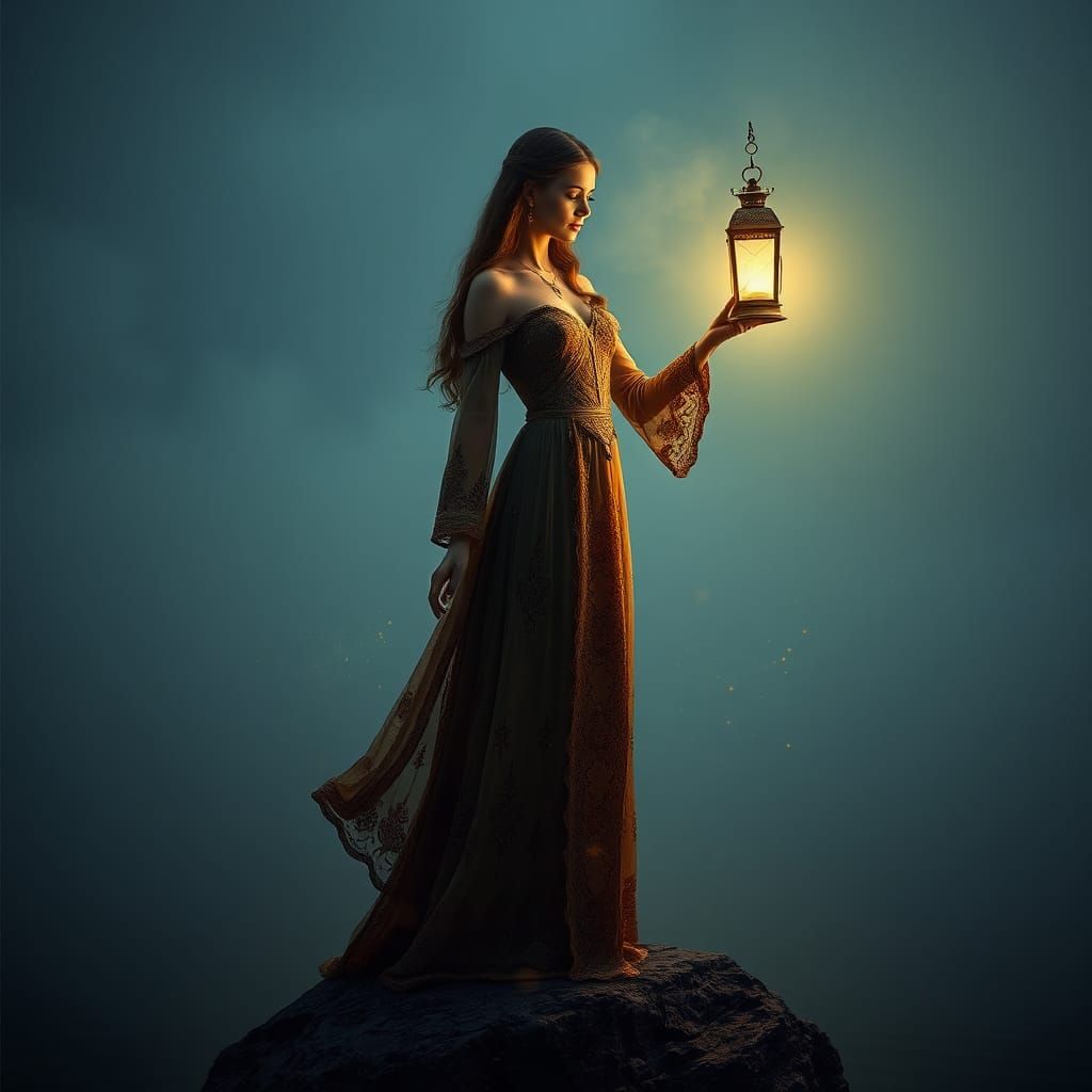 Hyperrealistic Priestess with Lantern in Foggy Lake