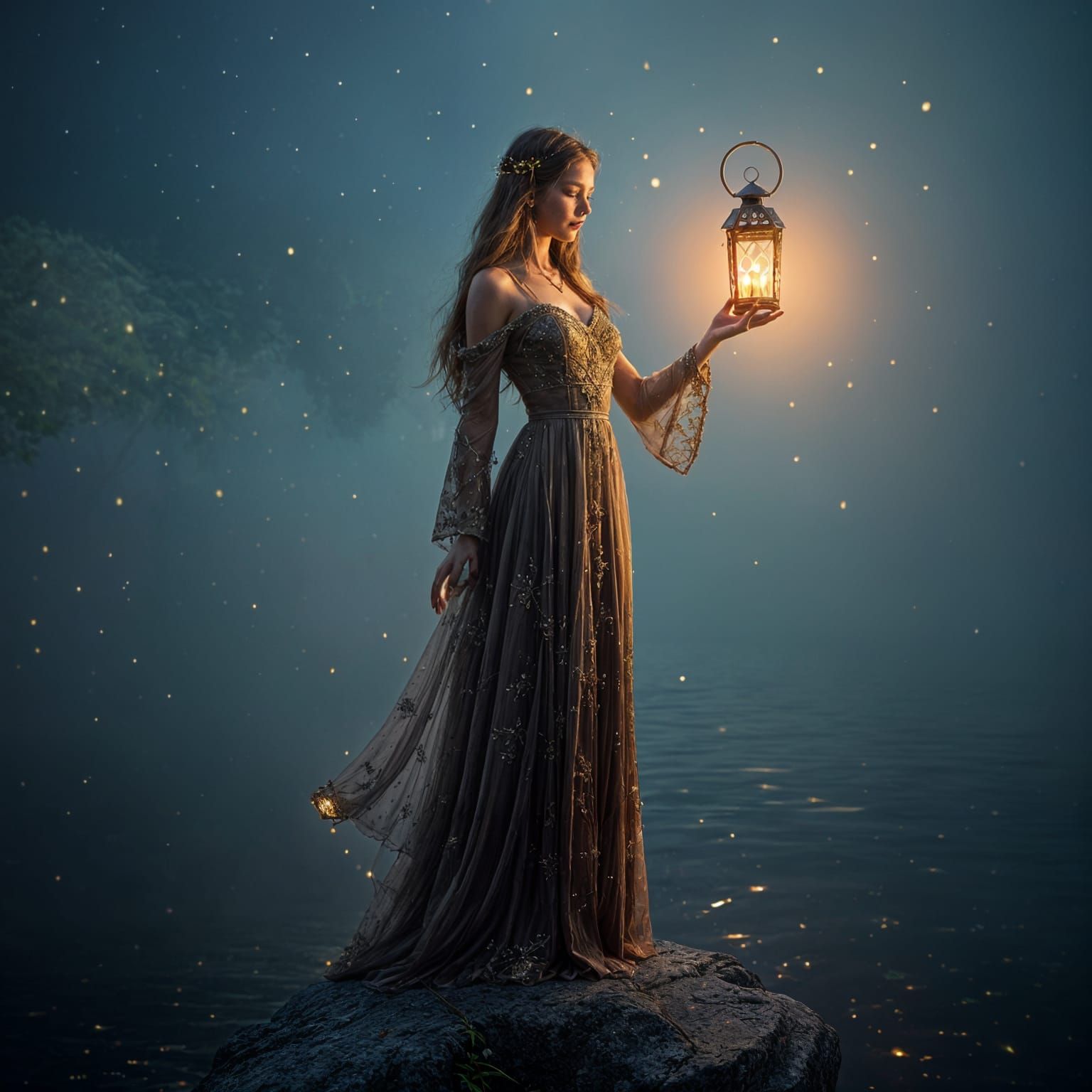 Hyperrealistic Priestess with Lantern by Misty Lake