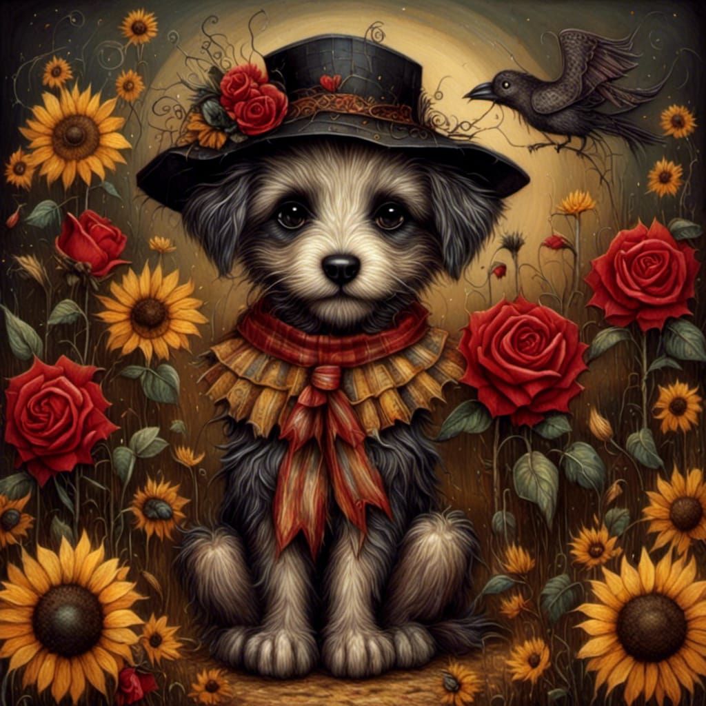 Scarecrow Puppy with Rose in Dark Whimsy Style