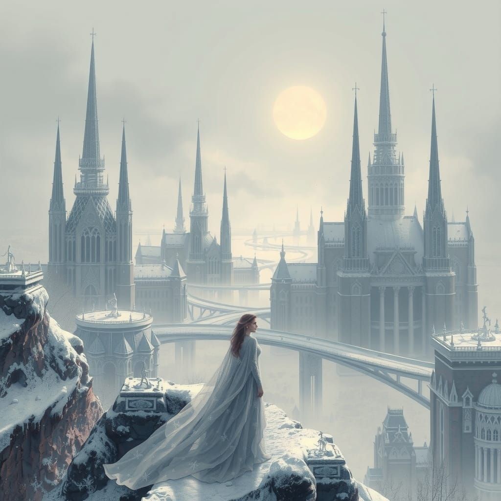 Ethereal Winter Cityscape in Futuristic Style
