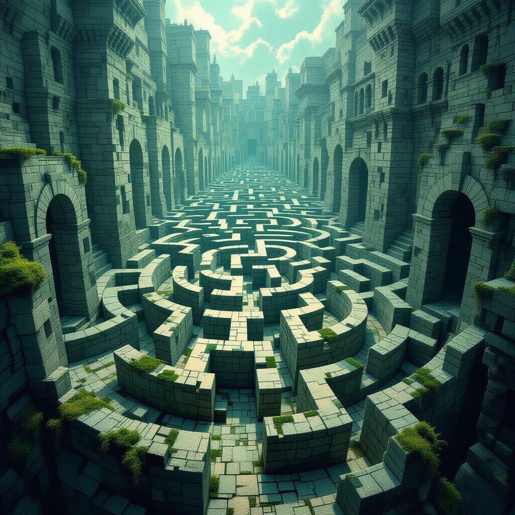 Intricate Stone Labyrinth in Surrealist Style