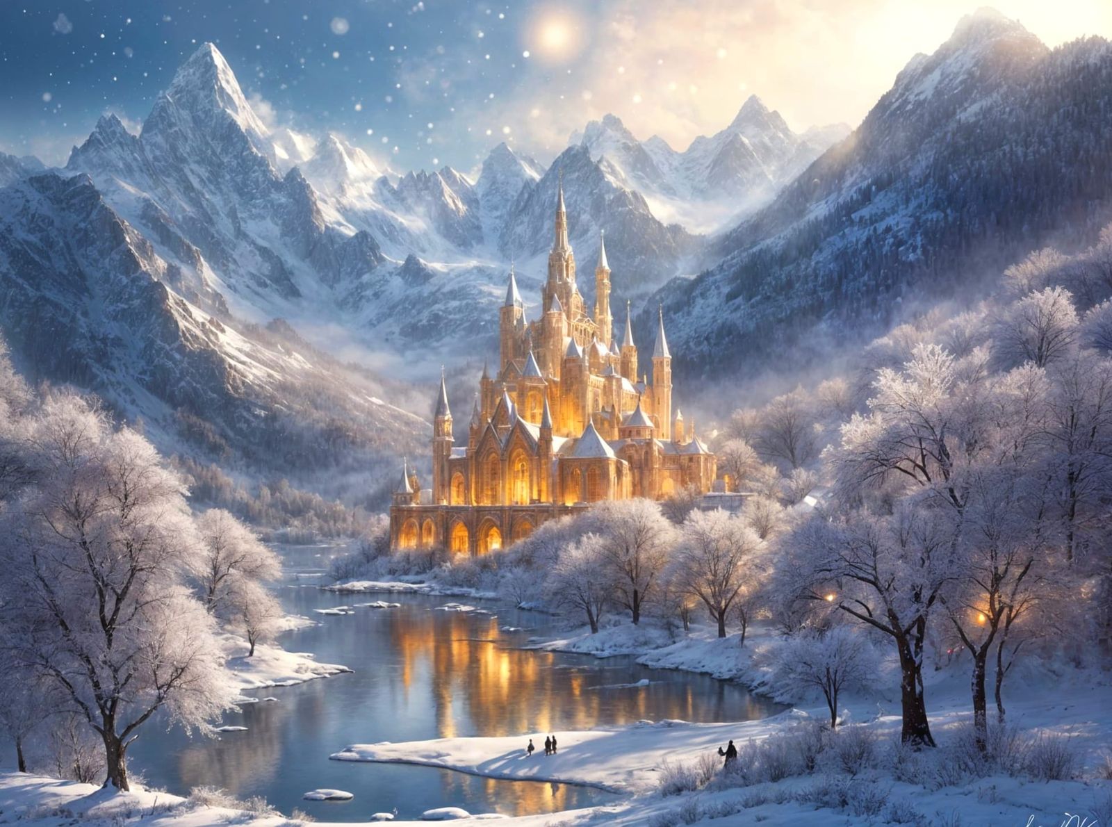 Elven City Ruins in Snowy Valley with Silver Lakes