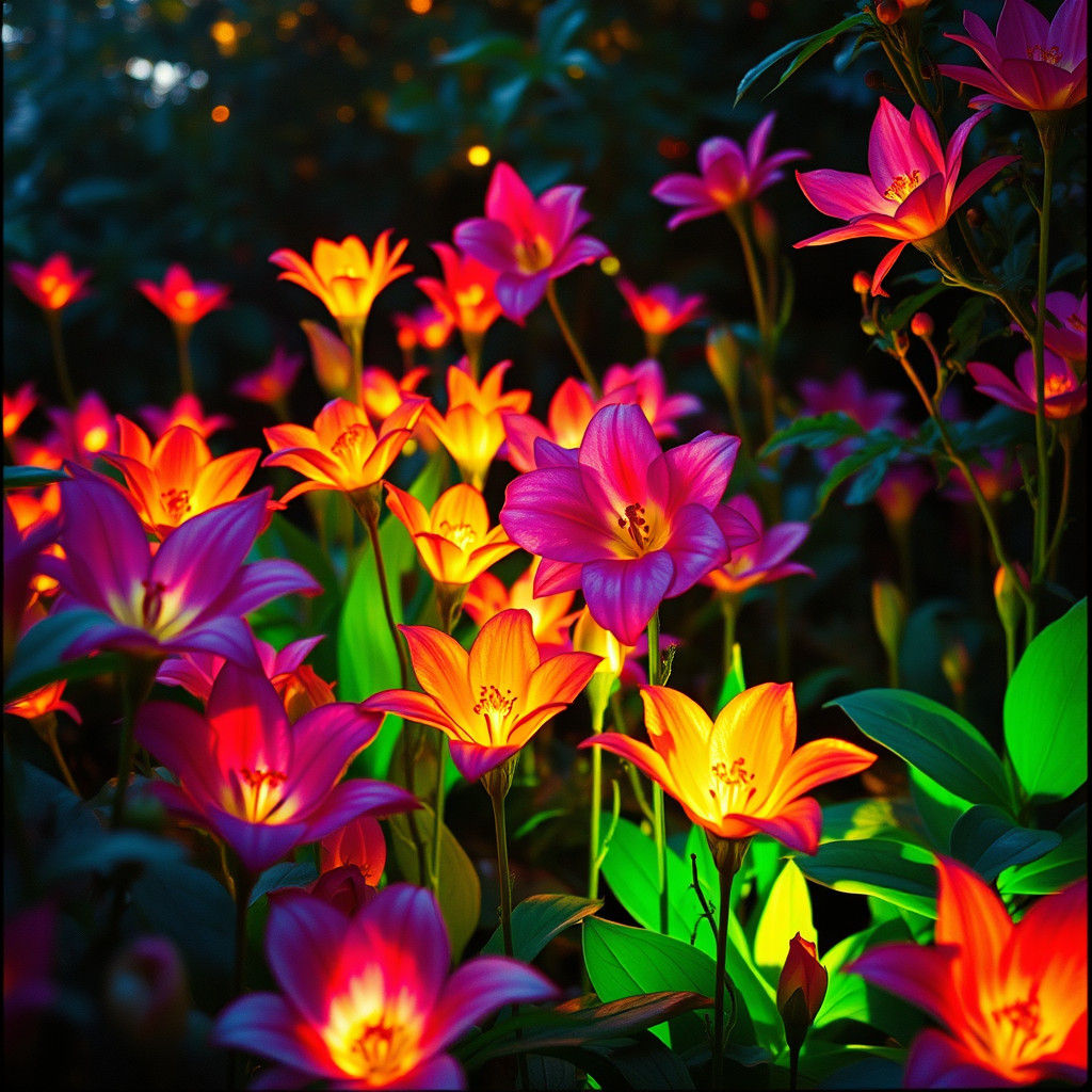 Luminous Exotic Flowers in Dreamlike Garden