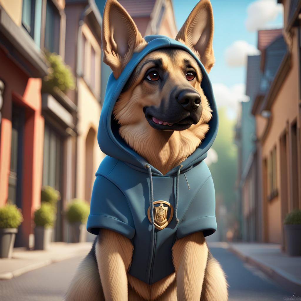 Cartoon German Shepherd in Hoodie as 3D Digital Art