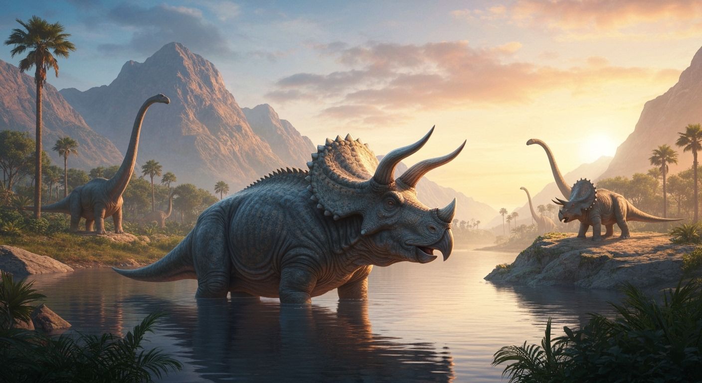 Majestic Triceratops in Prehistoric Landscape, Photorealisti...