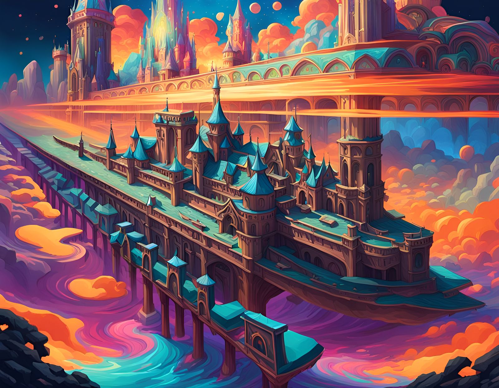 Psychedelic Fantasy Castle Portrait in Digital Art Style