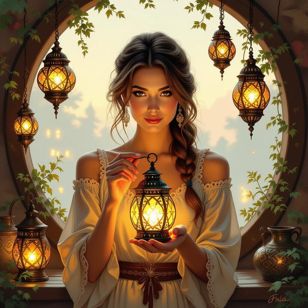 Woman with Lanterns in Gurney-esque Fantasy Style