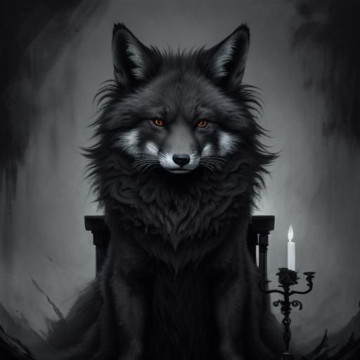Fox Kit on Blood Throne: Dark Fantasy Charcoal Art