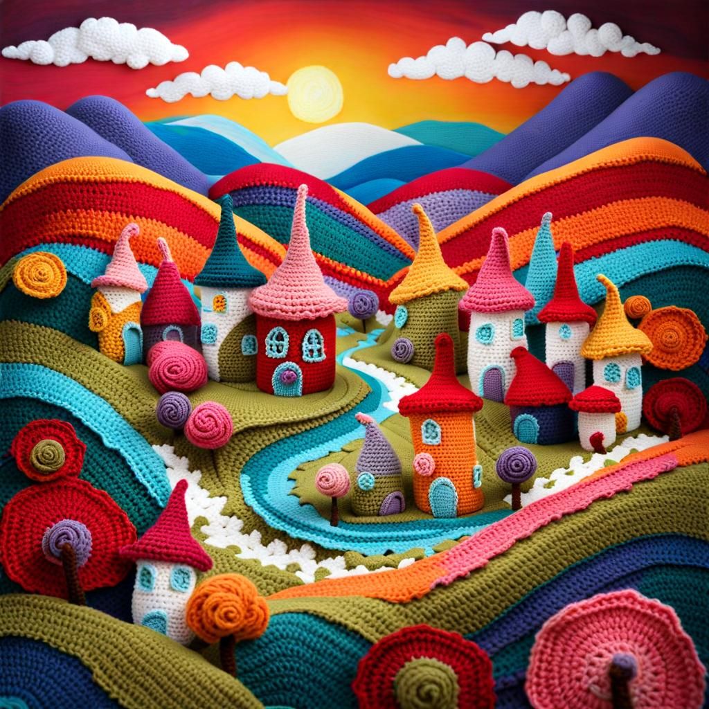 Colorful Crochet Fairy Town Landscape