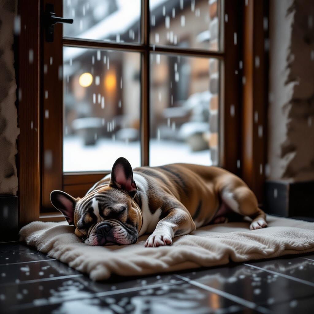 Sleeping French Bulldog on Mat by Old Door