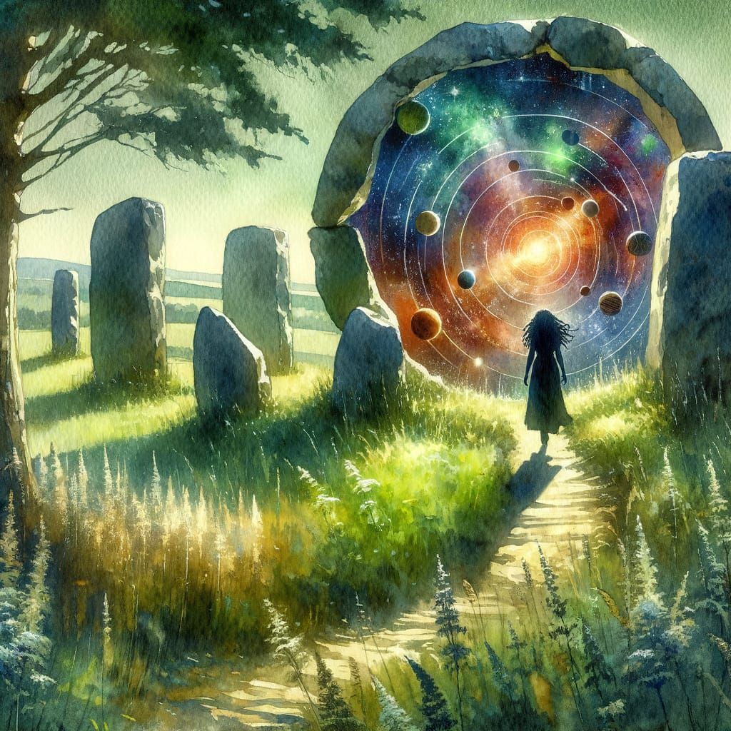 Standing Stones Reveal Cosmic Space, Watercolor Painting