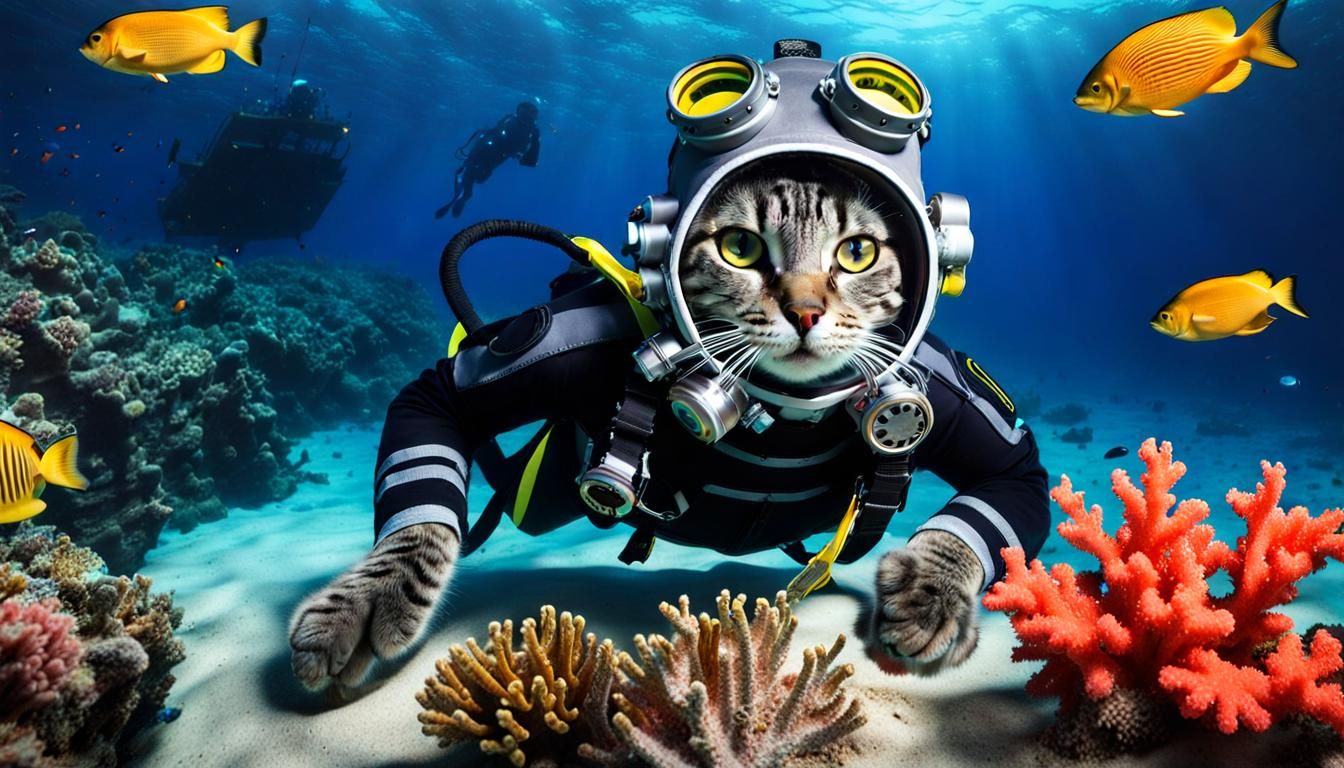 Gray Tabby Cat in Diving Suit Underwater