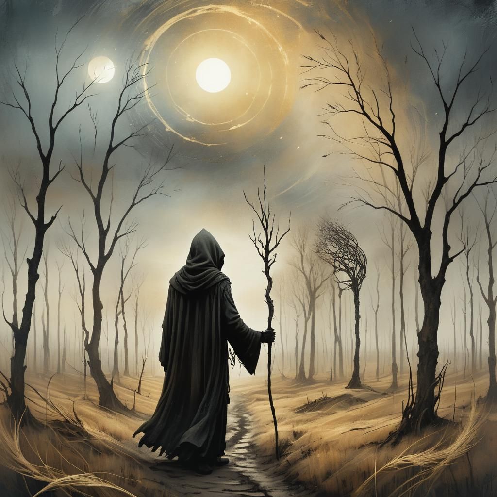 Dark Fantasy Figure in Barren Landscape, Fine Art
