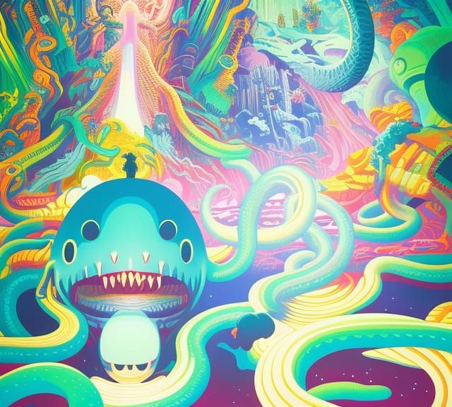 Tusked Snake-Haired God in Lo-Fi Holographic Poster